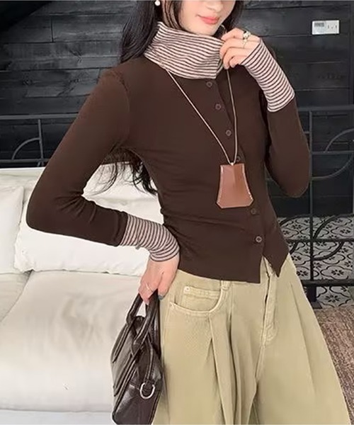 AsheKsha(アシクシャ)の「ボーダー襟付きフェイクレイヤードボタンスリムロングトップス(シャツ/ブラウス・レディース・ブラック/ブラウン・M)」の16枚目の写真