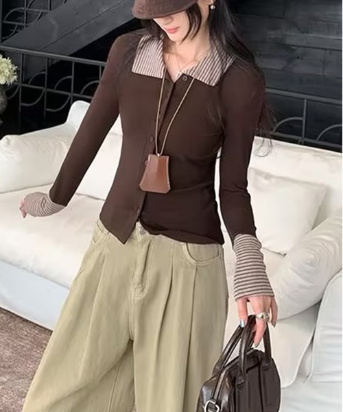 AsheKsha(アシクシャ)の「ボーダー襟付きフェイクレイヤードボタンスリムロングトップス(シャツ/ブラウス・レディース・ブラック/ブラウン・M)」の17枚目の写真