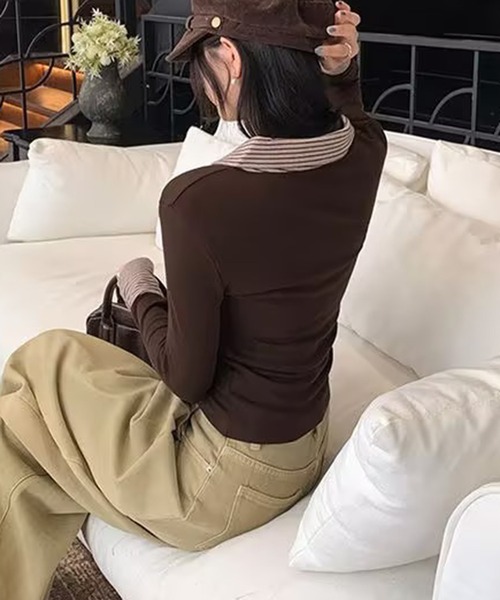 AsheKsha(アシクシャ)の「ボーダー襟付きフェイクレイヤードボタンスリムロングトップス(シャツ/ブラウス・レディース・ブラック/ブラウン・M)」の18枚目の写真