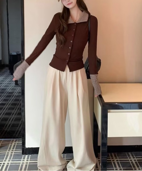 AsheKsha(アシクシャ)の「ボーダー襟付きフェイクレイヤードボタンスリムロングトップス(シャツ/ブラウス・レディース・ブラック/ブラウン・M)」の19枚目の写真