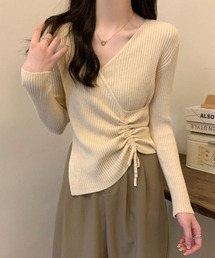 シャーリングドロストリブニット カシュクールトップス 長袖 【オフィスカジュアル】【きれいめカジュアル】 レディース韓国風 春服 秋服 冬服