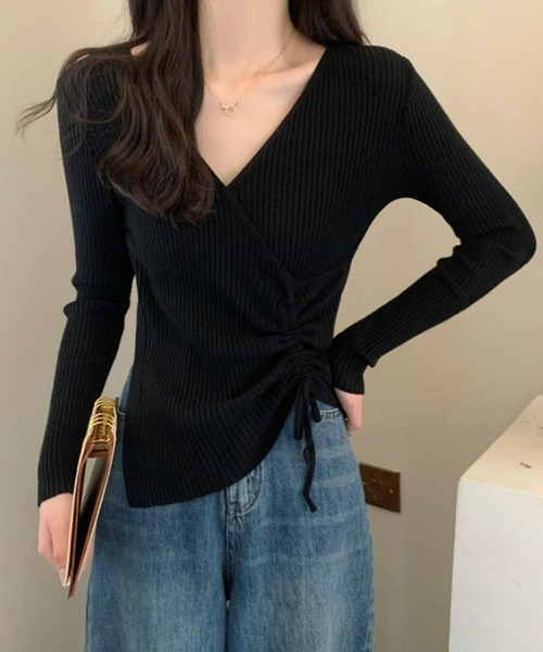 SEU(エスイーユー)の「シャーリングドロストリブニット カシュクールトップス 長袖 【オフィスカジュアル】【きれいめカジュアル】 レディース韓国風 春服 秋服 冬服(ニット/セーター・レディース・アイボリー/ホワイト/ブラック/ベージュ・フリー)」の14枚目の写真