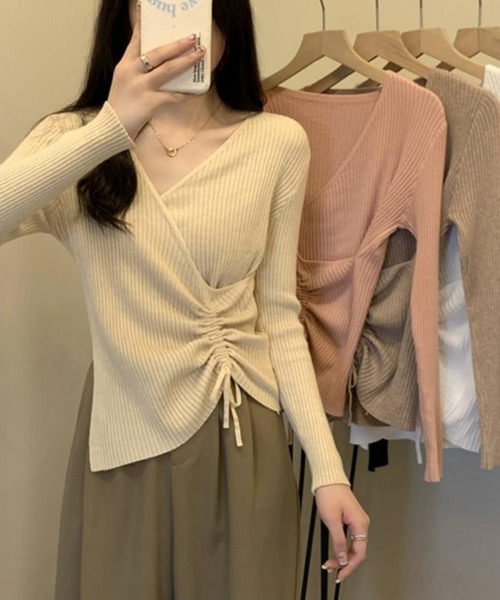 SEU(エスイーユー)の「シャーリングドロストリブニット カシュクールトップス 長袖 【オフィスカジュアル】【きれいめカジュアル】 レディース韓国風 春服 秋服 冬服(ニット/セーター・レディース・アイボリー/ホワイト/ブラック/ベージュ・フリー)」の20枚目の写真