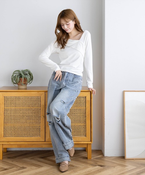 clear（クリア）の「クロスリブ長袖カットソー［骨格ウェーブ／きれいめカジュアル／大人フェミニン］（Tシャツ/カットソー・レディース・イエロー系その他/サックスブルー/ネイビー/オフホワイト/ブラック/ブラウン・F）」の12枚目の写真