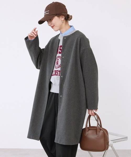 reca(レカ)の「ノーカラーロングコート(ノーカラーコート・レディース・アイボリー/チャコールグレー/ブラック・M)」の1枚目の写真