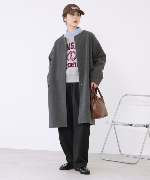 reca(レカ)の「ノーカラーロングコート(ノーカラーコート・レディース・アイボリー/チャコールグレー/ブラック・M)」の14枚目の写真