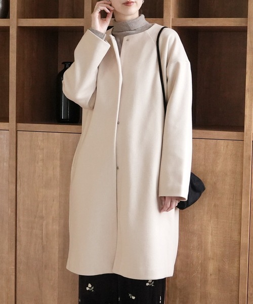 reca(レカ)の「ノーカラーロングコート(ノーカラーコート・レディース・アイボリー/チャコールグレー/ブラック・M)」の4枚目の写真