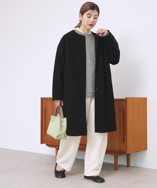 reca(レカ)の「ノーカラーロングコート(ノーカラーコート・レディース・アイボリー/チャコールグレー/ブラック・M)」の10枚目の写真
