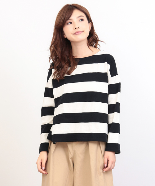 CUBE SUGAR（キューブシュガー）の「USコットン 14/-空紡糸天竺 ボトル入り太ボーダーBIGボート（Tシャツ/カットソー・レディース・ホワイト×ブラック/グレー系その他/ホワイト×グレー/ホワイト×イエロー・M）」の2枚目の写真