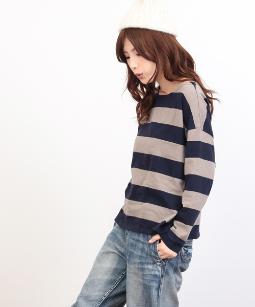 CUBE SUGAR（キューブシュガー）の「USコットン 14/-空紡糸天竺 ボトル入り太ボーダーBIGボート（Tシャツ/カットソー・レディース・ホワイト×ブラック/グレー系その他/ホワイト×グレー/ホワイト×イエロー・M）」の12枚目の写真