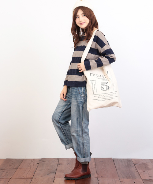 CUBE SUGAR（キューブシュガー）の「USコットン 14/-空紡糸天竺 ボトル入り太ボーダーBIGボート（Tシャツ/カットソー・レディース・ホワイト×ブラック/グレー系その他/ホワイト×グレー/ホワイト×イエロー・M）」の14枚目の写真