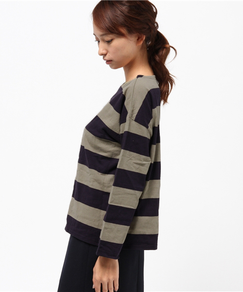 CUBE SUGAR（キューブシュガー）の「USコットン 14/-空紡糸天竺 ボトル入り太ボーダーBIGボート（Tシャツ/カットソー・レディース・ホワイト×ブラック/グレー系その他/ホワイト×グレー/ホワイト×イエロー・M）」の6枚目の写真