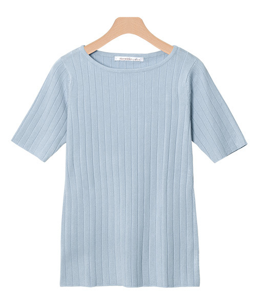 Pierrot（ピエロ）の「【大人のベーシックスタイルに】UVカット＆お家で洗える クルーネックorネックVネックから選べる 半袖リブニット　サマーニット（ニット/セーター・レディース・オフホワイト/グレー/杢グレー/ピンク/ワインレッド/ブラック/ベージュ/ネイビー/ブルー系その他/マスタード/ブルーグリーン/ブラウン/ライトブルー/パープル/グリーン系その他/グリーン/ベージュ系その他/レッド系その他2/ブルー系その他2/レッド系その他/シルバーグレー/ブルー系その他6/グレー系その他3/グレー系その他2/ピンク系その他2/ライトベージュ/ピンク系その他/グレー系その他/ブラック系その他/ピンク系その他3/ピンク系その他4/イエロー/パープル系その他/イエロー系その他/ブルー系その他3/ブルー系その他4/ブルー系その他5/ホワイト系その他・L/M）」の17枚目の写真