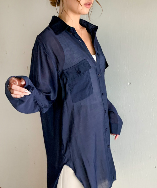 JUNOAH(ジュノア)の「オーバーサイズスリットシアーシャツ(シャツ/ブラウス・レディース・ホワイト/ブラック/ライトグレー/チャコール/ベージュ/グレイッシュベージュ/カーキ/ミント/ブルー/ネイビー/ブルーグリーン/ラベンダー/キャメル/ピンク系その他/ワイン・FREE)」の10枚目の写真