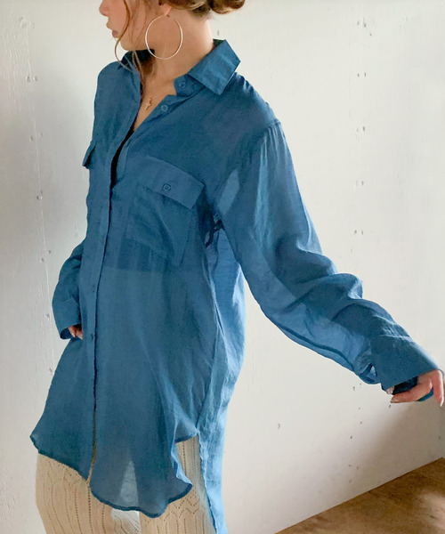 JUNOAH(ジュノア)の「オーバーサイズスリットシアーシャツ(シャツ/ブラウス・レディース・ホワイト/ブラック/ライトグレー/チャコール/ベージュ/グレイッシュベージュ/カーキ/ミント/ブルー/ネイビー/ブルーグリーン/ラベンダー/キャメル/ピンク系その他/ワイン・FREE)」の11枚目の写真