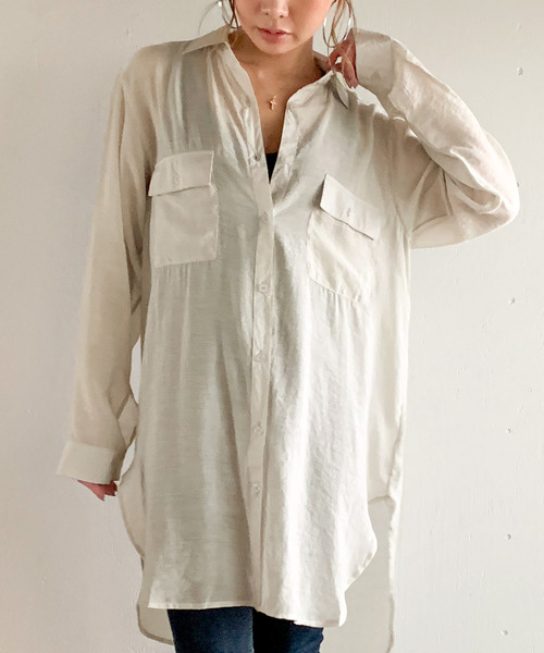 JUNOAH(ジュノア)の「オーバーサイズスリットシアーシャツ(シャツ/ブラウス・レディース・ホワイト/ブラック/ライトグレー/チャコール/ベージュ/グレイッシュベージュ/カーキ/ミント/ブルー/ネイビー/ブルーグリーン/ラベンダー/キャメル/ピンク系その他/ワイン・FREE)」の4枚目の写真