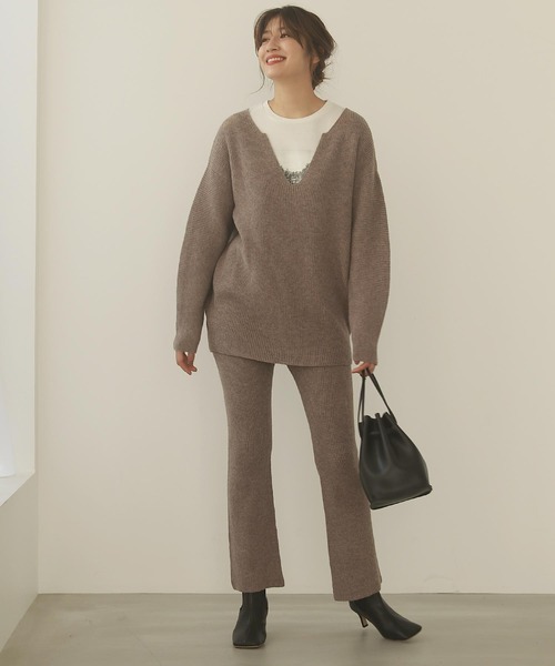 KOBE LETTUCE（コウベレタス）の「フレアニットパンツ[M3140]（その他パンツ・レディース・ライトベージュ/モカ/ブラック/カーキ・FREE）」の3枚目の写真