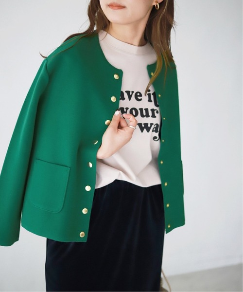 SLOBE IENA（スローブイエナ）の「ダブルフェイスクルージャケット【手洗い可能】◆（ノーカラージャケット・レディース・グリーン・FREE）」の2枚目の写真