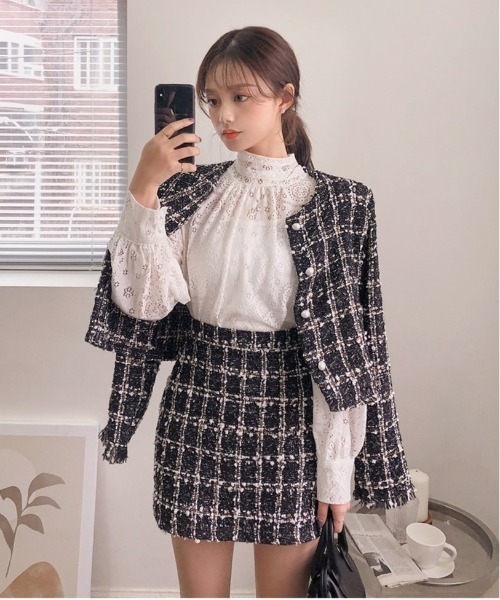 chuu(チュー)の「CHUU ツイードカーディガン&スカートセット(セットアップ・レディース・ブラック/ベージュ・FREE)」の6枚目の写真
