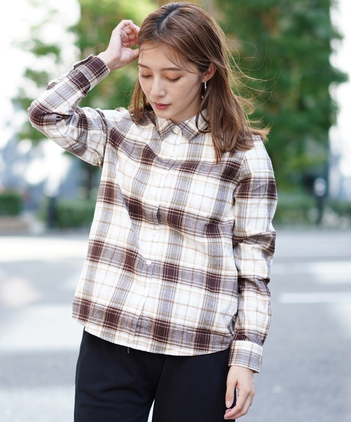 GIORDANO（ジョルダーノ）の「コットン長袖チェックフランネルシャツ（シャツ/ブラウス・レディース・レッド/ピンク/ブラウン・SMALL/X-LARGE/MEDIUM/LARGE）」の14枚目の写真