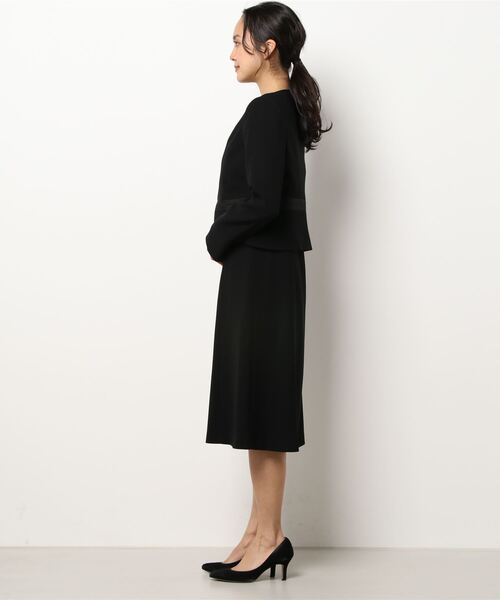 【喪服】ノーカラージャケット×シフォン袖ボレロ風前開きワンピースブラックフォーマルアンサンブル