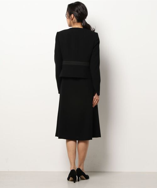 【喪服】ノーカラージャケット×シフォン袖ボレロ風前開きワンピースブラックフォーマルアンサンブル