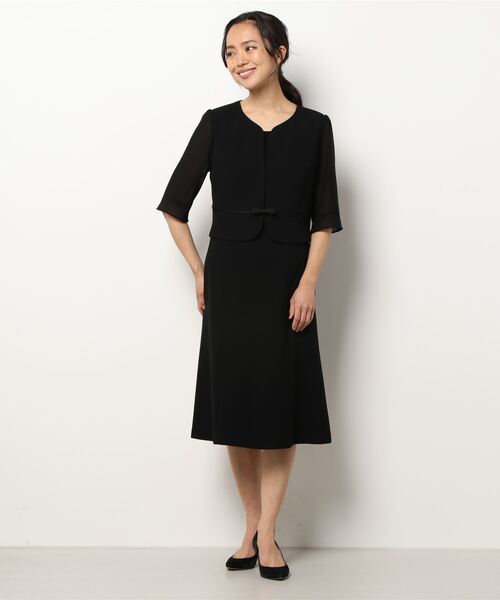 【喪服】ノーカラージャケット×シフォン袖ボレロ風前開きワンピースブラックフォーマルアンサンブル