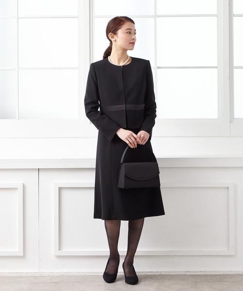 【喪服】ノーカラージャケット×シフォン袖ボレロ風前開きワンピースブラックフォーマルアンサンブル