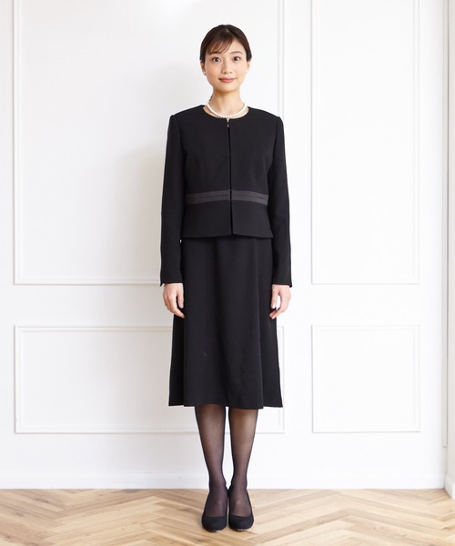 【喪服】ノーカラージャケット×シフォン袖ボレロ風前開きワンピースブラックフォーマルアンサンブル