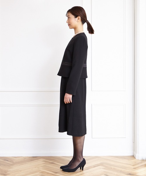 【喪服】ノーカラージャケット×シフォン袖ボレロ風前開きワンピースブラックフォーマルアンサンブル