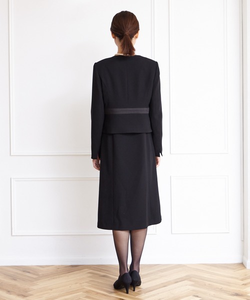 【喪服】ノーカラージャケット×シフォン袖ボレロ風前開きワンピースブラックフォーマルアンサンブル