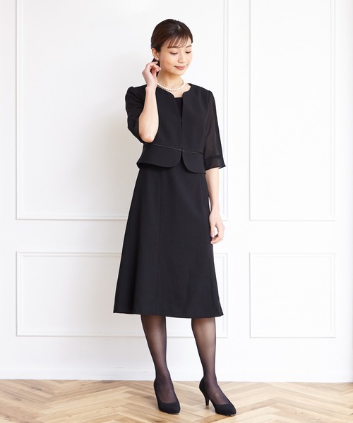 【喪服】ノーカラージャケット×シフォン袖ボレロ風前開きワンピースブラックフォーマルアンサンブル