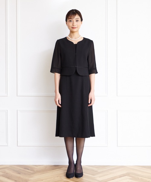 【喪服】ノーカラージャケット×シフォン袖ボレロ風前開きワンピースブラックフォーマルアンサンブル