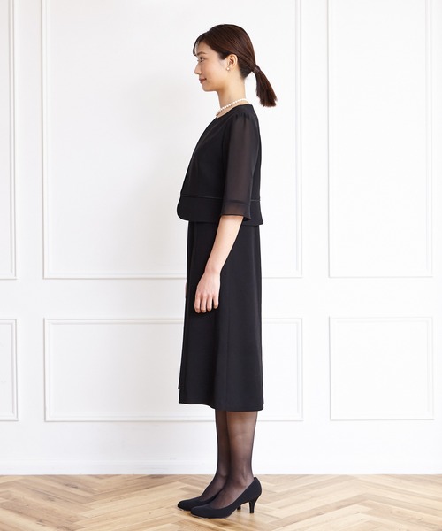 【喪服】ノーカラージャケット×シフォン袖ボレロ風前開きワンピースブラックフォーマルアンサンブル