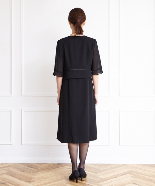 【喪服】ノーカラージャケット×シフォン袖ボレロ風前開きワンピースブラックフォーマルアンサンブル