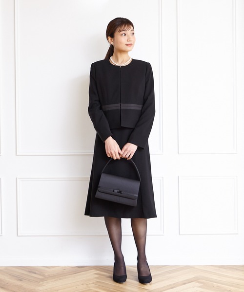 【喪服】ノーカラージャケット×シフォン袖ボレロ風前開きワンピースブラックフォーマルアンサンブル