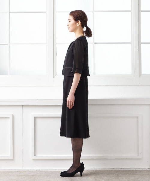 【喪服】ノーカラージャケット×シフォン袖ボレロ風前開きワンピースブラックフォーマルアンサンブル