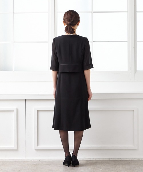 【喪服】ノーカラージャケット×シフォン袖ボレロ風前開きワンピースブラックフォーマルアンサンブル