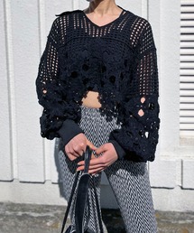 衿付きクロシェルーズニットプルオーバー