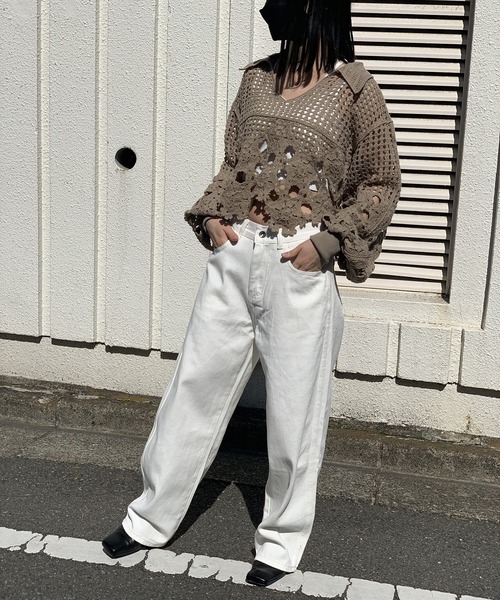 衿付きクロシェルーズニットプルオーバー