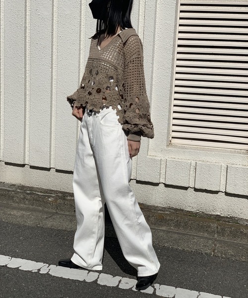 衿付きクロシェルーズニットプルオーバー