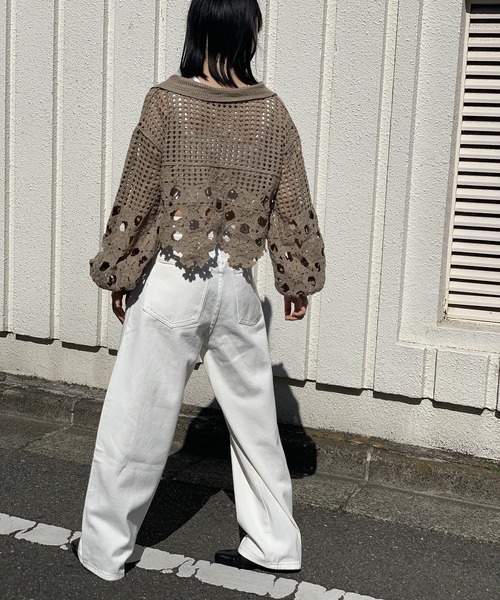 衿付きクロシェルーズニットプルオーバー