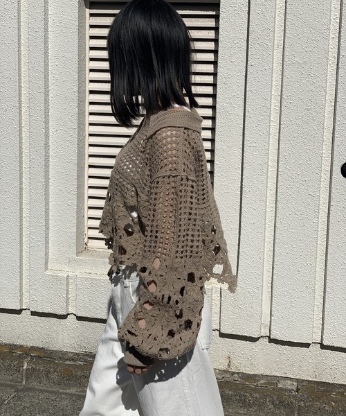 衿付きクロシェルーズニットプルオーバー