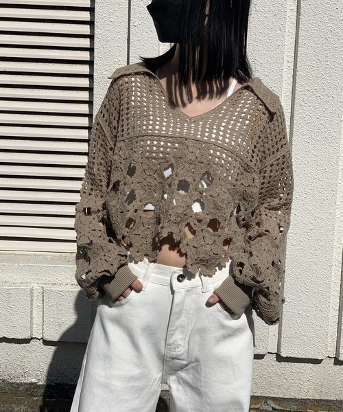 衿付きクロシェルーズニットプルオーバー