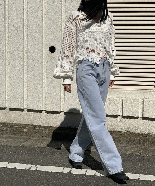 衿付きクロシェルーズニットプルオーバー