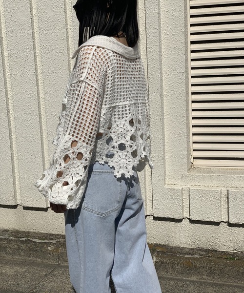衿付きクロシェルーズニットプルオーバー