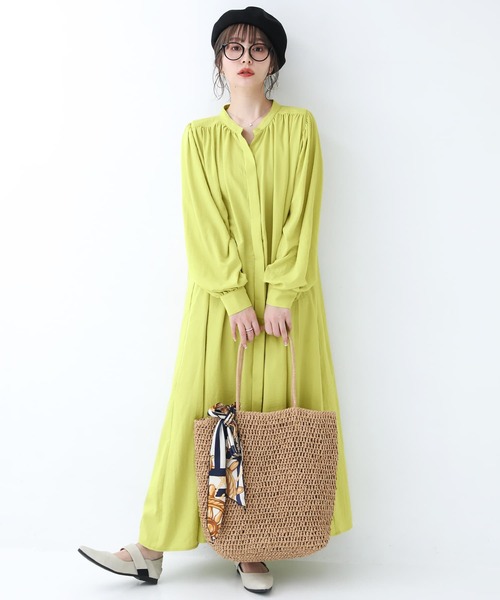 osharewalker（オシャレウォーカー）の「【廃盤】『ヴィンテージサテンロングギャザーワンピース』（シャツワンピース・レディース・ブラック/ライム/オフホワイト・FREE）」の12枚目の写真