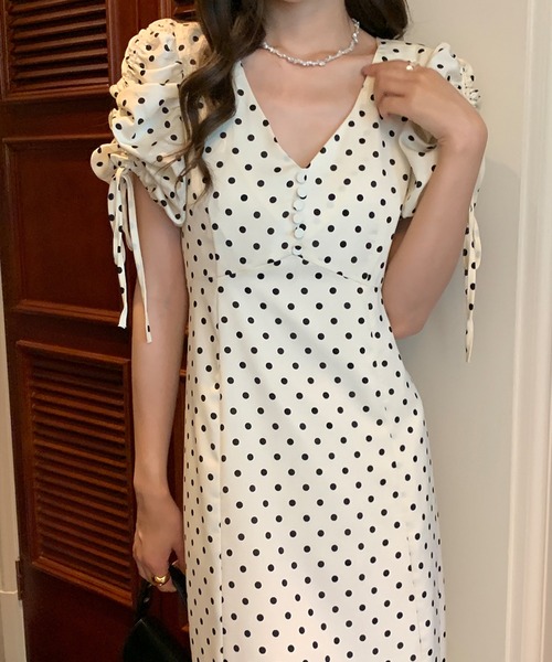 ワンピース ドレス ロング ドット柄 シースルー パフスリーブ ワンピース ドレス ロング ドット柄 シースルー パフスリーブ