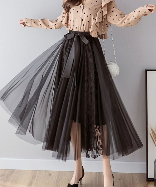 Primazel（プリマゼル）の「リボン付レース切り替えチュールスカート（スカート・レディース・ブラック/ベージュ/グレー・M）」の2枚目の写真