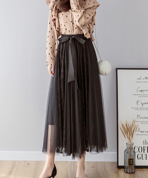 Primazel（プリマゼル）の「リボン付レース切り替えチュールスカート（スカート・レディース・ブラック/ベージュ/グレー・M）」の4枚目の写真